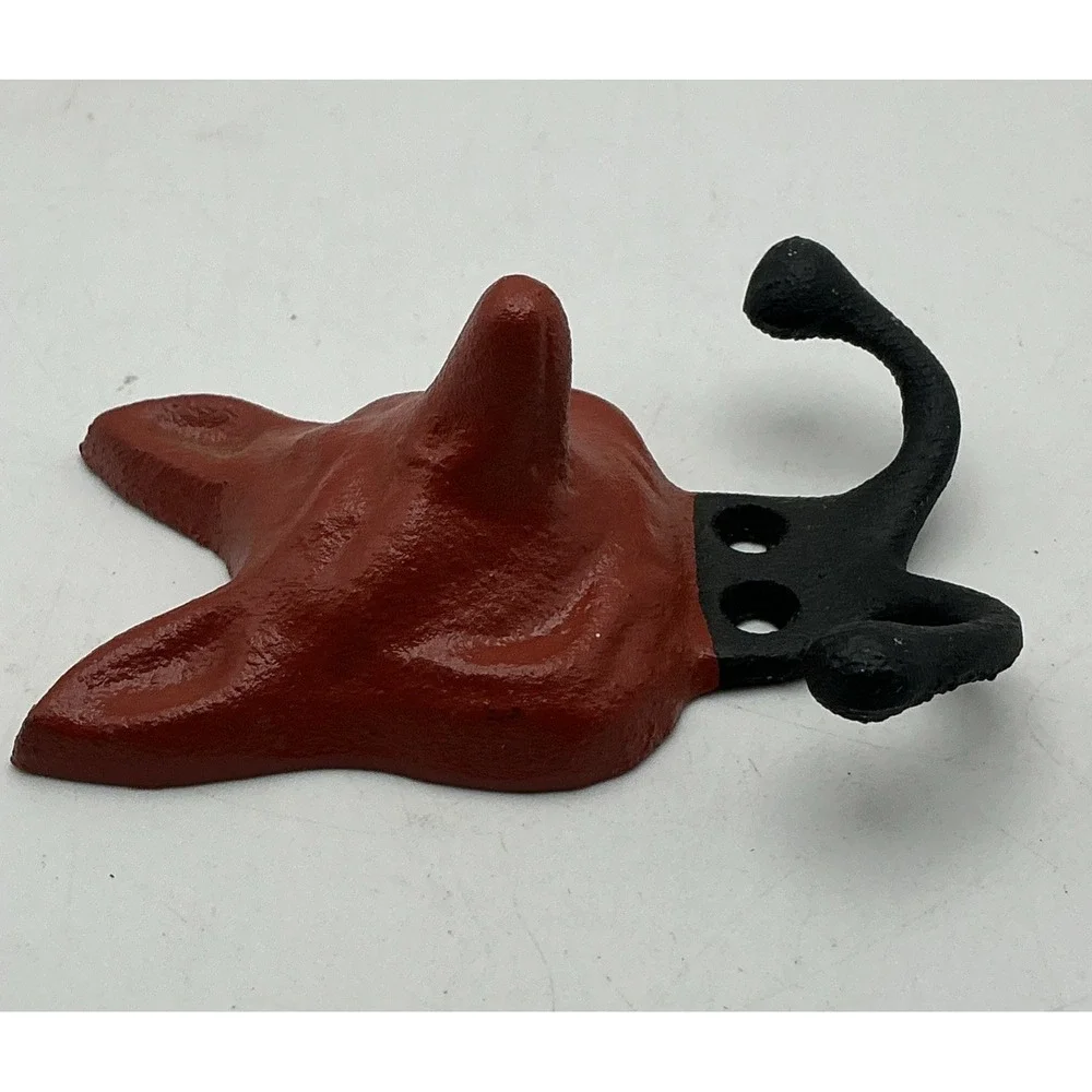 Vintage Cast Iron Fox Head Wall Hooks Set of 2 Red Black Coat Towel-No Screws